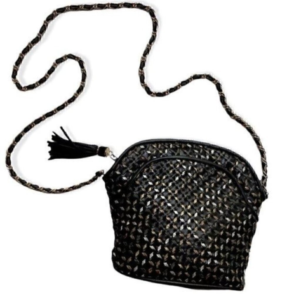 90s Saddle River Black Purse Silver Gold Copper Weave Goldtone Black Twist Strap